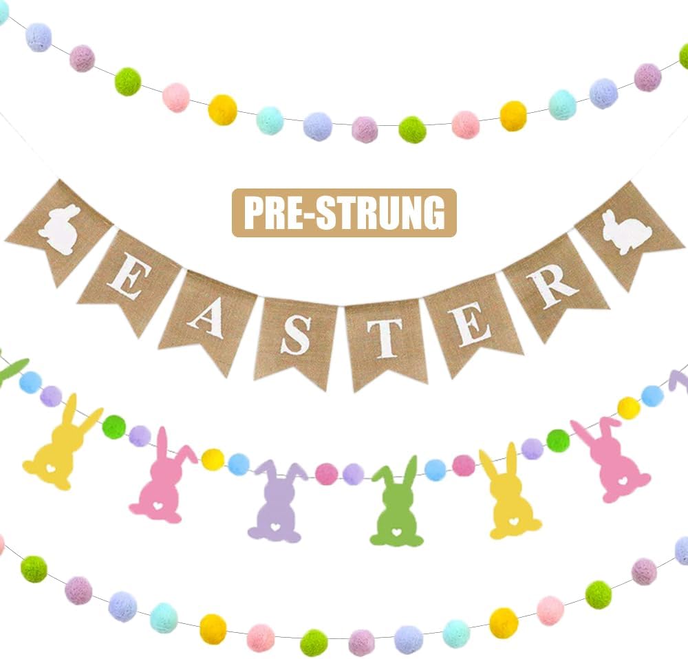 Easter Banner, 4 Pcs Easter Natural Burlap Bunting Pennant and Cute Felt Bunny with Colorful Pom Pom Ball Garland Photo Props Spring Party Hanging Decor for Home Mantel Office Classroom