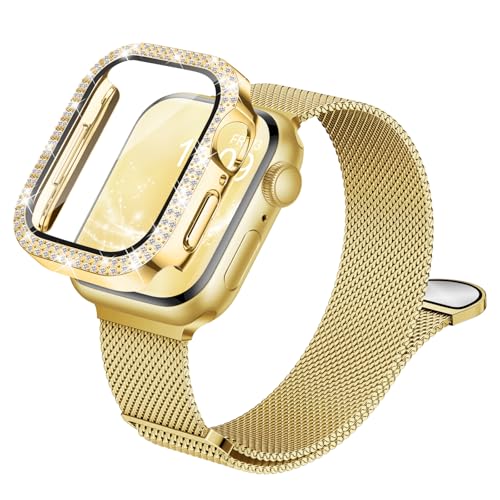 Connectif Compatible for Apple Watch Metal Straps and Case 40mm Magnetic Milanese Band and Diamond Screen Protector for iWatch SE3 Series 6/5/4 Luxury&Versatile Eye-Catching for Work & Date Gold