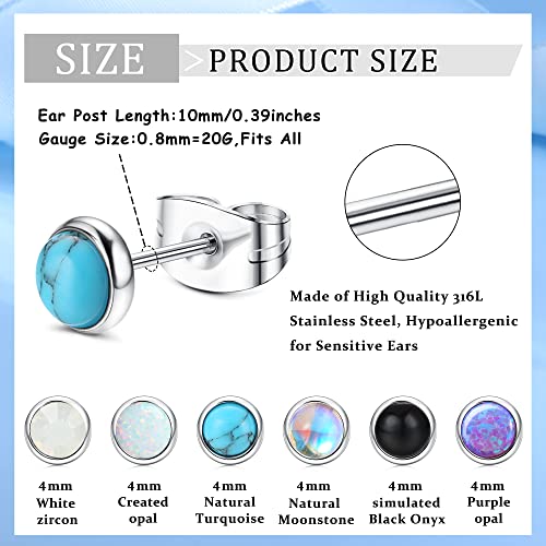JeryWe 20G 4MM Hypoallergenic Studs Earring Set Moonstone/Turquoise/Round Stud Earrings Stainless Steel Stud Earrings for Women Men 6 Pairs2