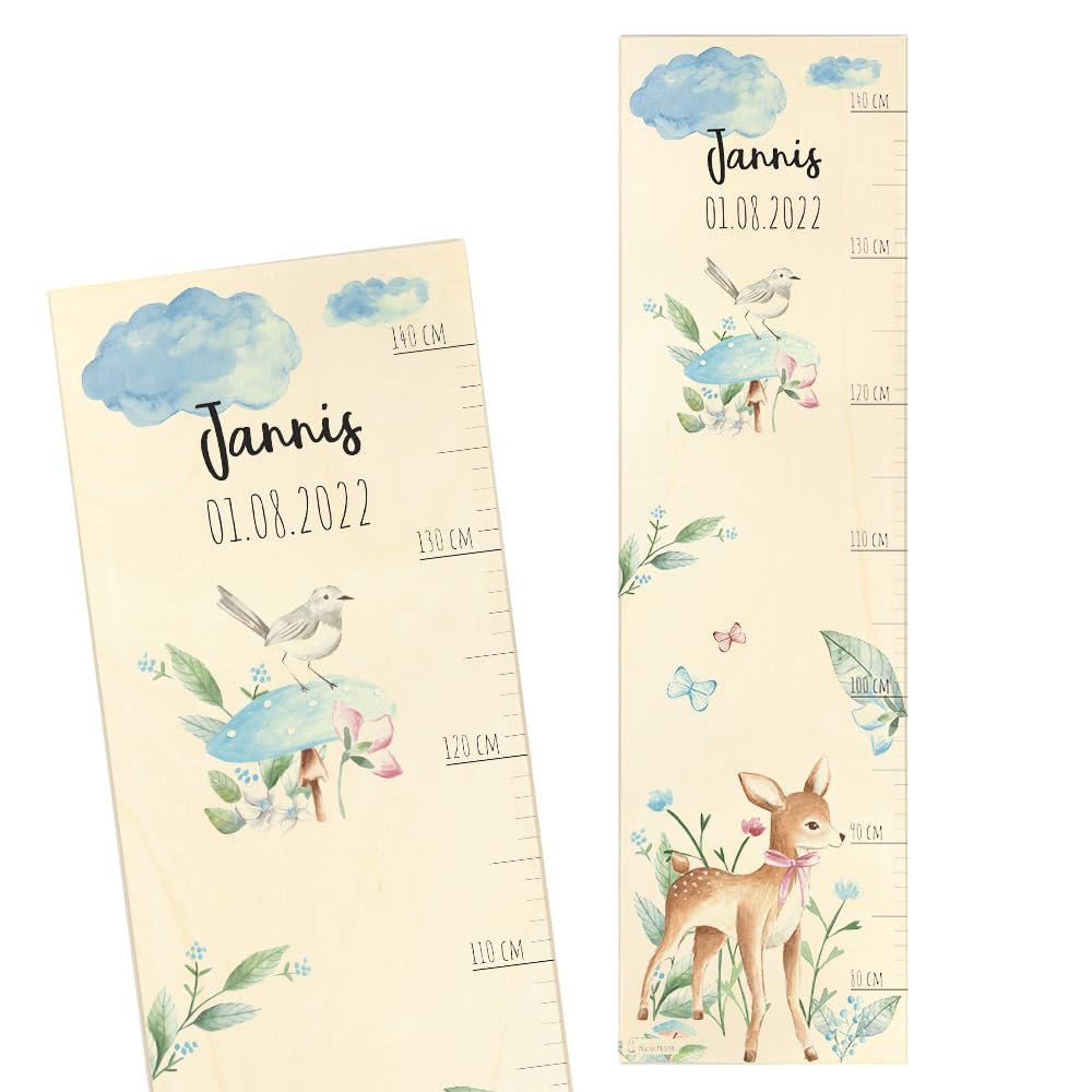 Geschenkfreude Messlatte Kinder personalisert 80-140cm - mit Rehmotiven als Dekoration fürs Kinderzimmer - personalisierte Messlatte Kinder Holz - tolles Geschenk zur Geburt - Maßband Wand