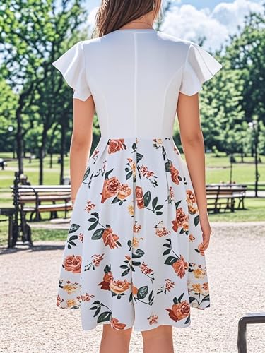 Image of oxiuly Women's Flounce Sleeve Wedding Church Vintage Dresses Casual Floral Party Cocktail Work Dress with Pockets Fei376