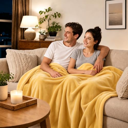 Image of LOOBANI Waterproof Blanket for Bed, Flannel Twin Size 60 inchx80 inch, Yellow | Double-Side Leak-Proof, Reversible, Stain-Proof Cover for Sofa Bed Protection, Ideal for Rest Movie Time, Camping, Travel
