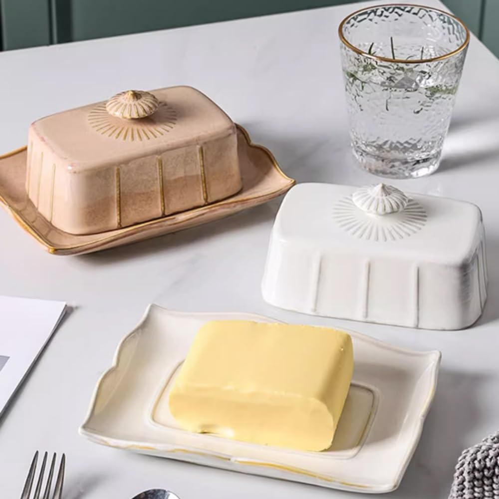 Naczynie z masłem Francuski zabytkowy ceramiczny pojemnik na masło, francuski talerz z pokrywką masła krowiego, ser Dim sum(Biały)