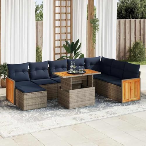 SooIarix Juego de 11 muebles de jardín de ratán y acacia gris con cojín, 11 piezas, para balcón, salón y jardín, incluye espacio de almacenamiento y bolsa impermeable
