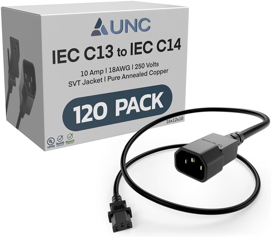 UNC PDU Power Cable C13 to C14, 2 Foot - 120 Pack Black, 10 Amp - SJT 250V, UL Listed, 18AWG IEC Extension Cord, Reliable Server Rack Power Cable for PDU, UPS, Network Equipment, Data Centers