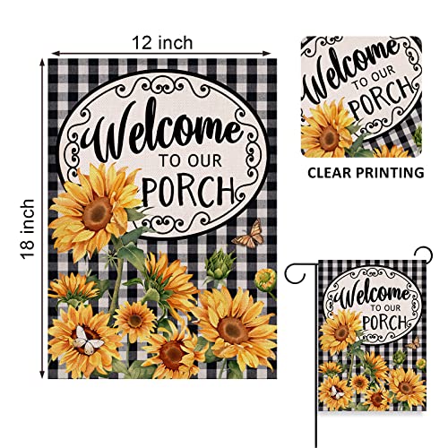 Covido COVI-404 Home Decorative Welcome To Our Porch Spring Summer Sunflower Garden Flag, Black White Buffalo Plaid Check Yard Outside Decoration, Fall Autumn Farmhouse Outdoor Small Decor 12 X 18 thumb #1