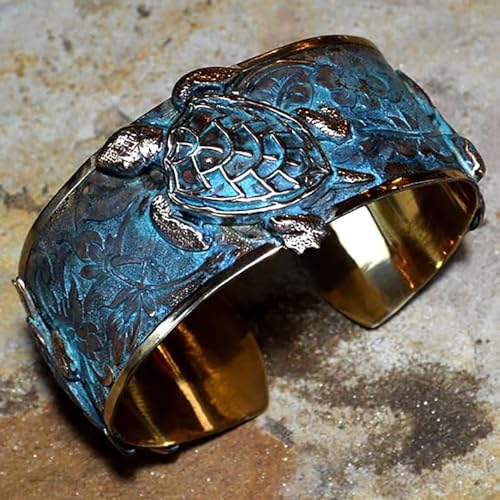 Verdigris Patina Solid Brass Classic Sea Turtle Cuff Bracelet by Elaine Coyne Made In USA3