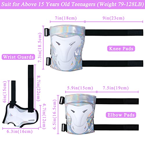 Bienbee Knee Pads for Women, Knee Pads Wrist Guard Knee and Elbow Pads Adult Protective Gear Set for Skateboard, Roller Skating, for Women Men Youth Adult Kids,Laser Silver M