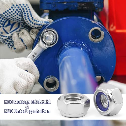 Alethron M10 Muttern, DIN985 20 Stück Standard A2 V2A Selbstsichernde Muttern mit 10 Stück M10 Muttern Edelstahl＆10 Stück Unterlegscheiben M10 Metrisch Sicherungsmuttern Sechskantmuttern Stoppmutter