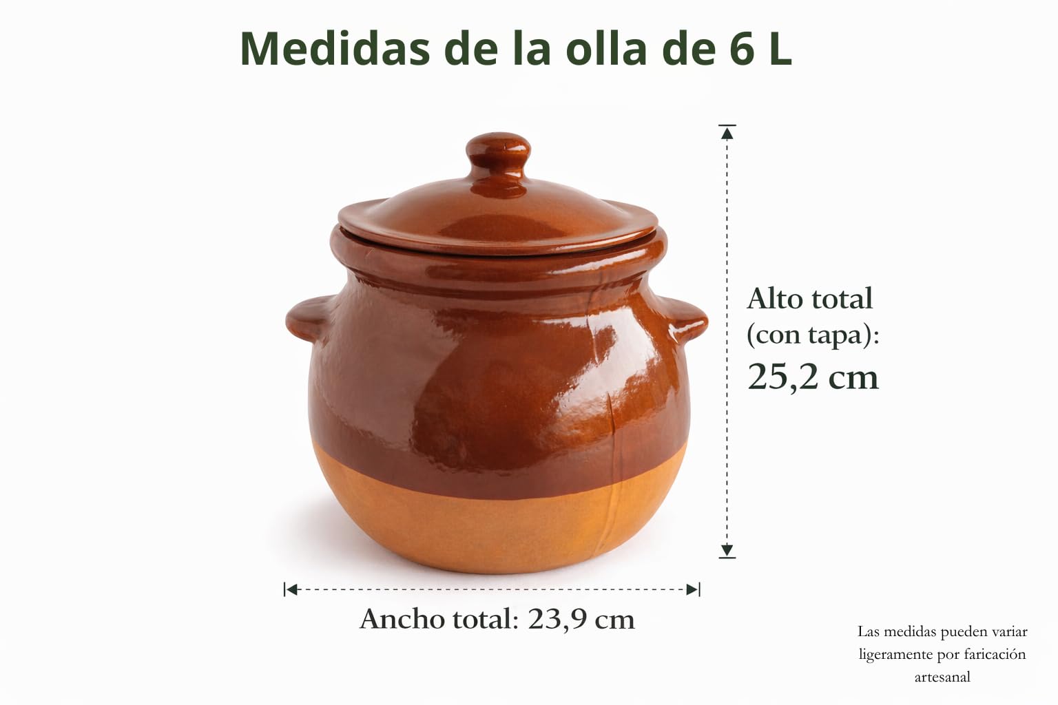 Olla/Puchero de Barro Refractario GRANDE Esmaltada 6 L – con Tapa y Asas – Incluye Cuchara de Madera + QR con Recetas y Guía – Cocción Lenta para Guisos Tradicionales
