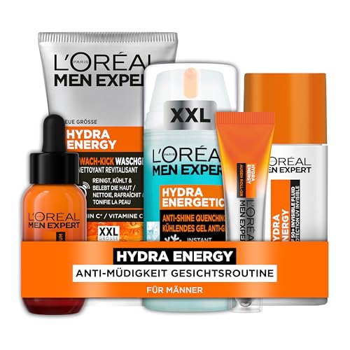 L'Oréal Men Expert kühlendes Pflegeset für Männer, Mit XXL Waschgel, Gesichtsserum, Gesichtscreme, Augen Roll-On und LSF 50+ Invisible Fluid, Geschenke für Herren mit Vitamin C, Hydra Energy, 5-teilig