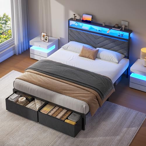 Image of Fluest Full Bed Frame with 2 Drawers, Upholstered Headboard with Storage and Charging Station, LED Lights, Fabric Drawers with Wheels, Under Bed Storage, No Box Spring Needed, Easy Assembly, Grey