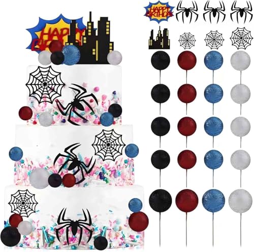 28pcs Spider Red Blue Black Balls and Happy Birthday Cake Topper for Spider Theme Boys Men Birthday Party Baby Shower Supplies Decoration