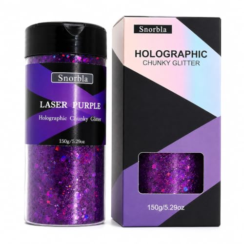 Snorbla Purple Holographic Chunky Glitter 150G/5.29OZ Large Capacity Glitter for Resin Crafts Nail Art Body Face Hair Makeup DIY Decorations (Laser Purple)