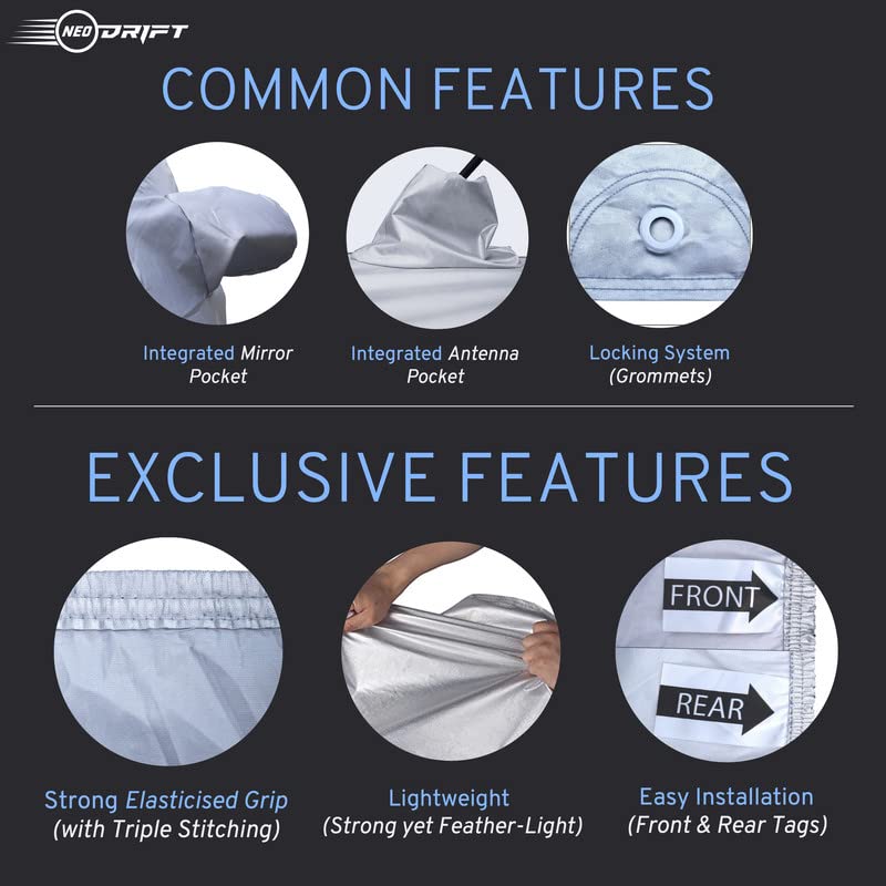 Image of NEODRIFT 'SilverTech' Car Body Cover for Maruti Suzuki Swift - (100% Water Resistant, Tailored Fit, All-Weather Protection, Multi-Layered & Breathable Fabric) Colour - Silver (Model Year: 2011-2017)