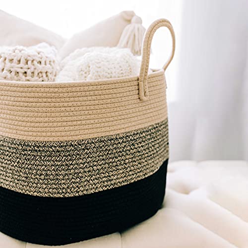 Image of OrganiHaus Round Toy Basket & Blanket Basket, Cotton Rope 20x13 inch | 3-Toned Brown - Round Cotton Rope Basket, 20x13 inch