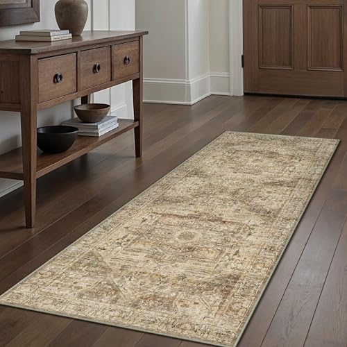Beige Runner Rug 2x6 Vintage Area Carpet Hallway Long Indoor Kitchen Washable Living Room Low Pile Traditional Distressed Retro Accent Throw Rug Non Slip Laundry Bathroom Office 2' x 6' (Run