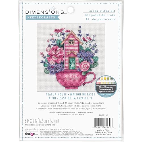 Image of Dimensions 70-65232 Teacup House Counted Cross Stitch Kit for Beginners, 6 inch x 6 inch 14 Cnt. White Aida, 4 Pieces