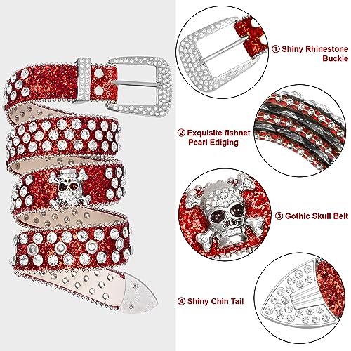 maikun Rhinestone Skull Belt for Men Women, Bling Western Studded Y2K Leather Belt4