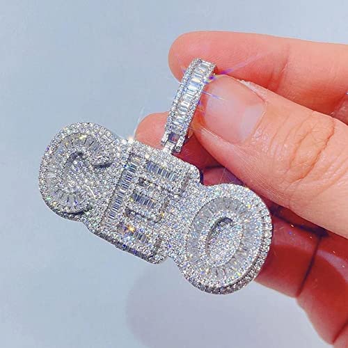 Silverdia Iced Out Hip Hop Baguette Diamond Ceo Charm Pendant Initial Letter Bling Custom Name Logo Character Rapper Jewelry Men's Pendant 14K White Gold Finish Handmade Personalized Birthday Gift #TOP3