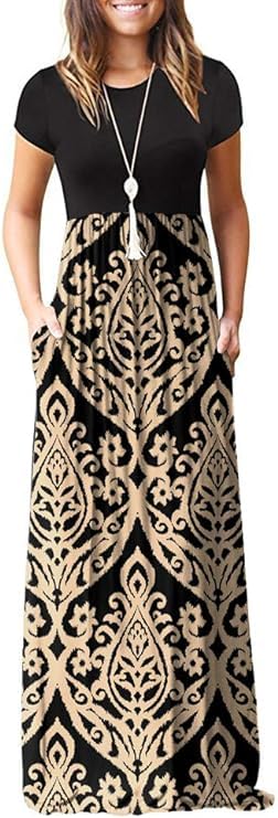 Image of DEARCASE Maxi Dress for Women Short Sleeve Casual Summer Loose Plain Comfy Long Dresses with Pockets