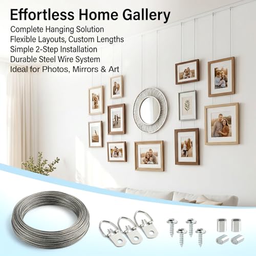 Image of 60pcs Picture Wire Hanging Kit - Maqihan Mirror Hanging Kit Picture Hanging Wire 100 Feet and Picture Frame Hangers D Rings with Screw and Aluminum Sleeves for Photos and Other Wall Hanging