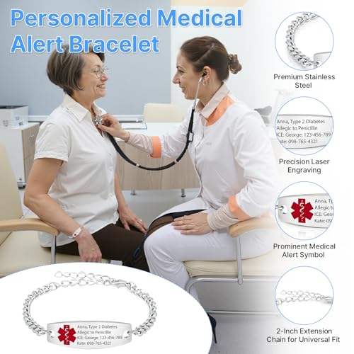 Funnli Personalized Medical Alert Bracelet for Men & Women - Custom Engraved Stainless Steel Emergency ID Bracelet for Diabetes, Allergies, Epilepsy, Heart Conditions3