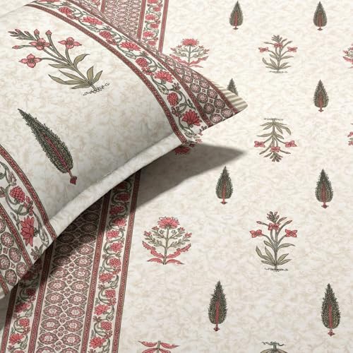 Image of Mafatlal 144 TC Jaipuri Cotton King Bedsheet | 90 x 108 Inches | Traditional Design | Smooth, Long-Lasting & Soft | 2 Pillow Covers | Pastel Pink