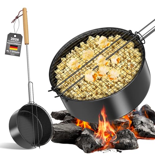 Popcorn-Grillpfanne für Lagerfeuer & Grill Outdoor Popcorn-Pfanne für Lagerfeuer Grill und Feuerschale aus hochwertigen Karbonstahl & Sicherheitsgriff (Schwarz)