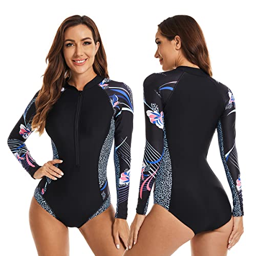 LafyKoly Women's One Piece Long Sleeve Rash Guard UV Protection Printed Surfing Swimsuit Swimwear Bathing Suit2