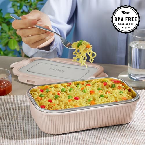 Image of Larah by BOROSIL Freshbyte Food Storage Container with Airtight Stainless Steel Lid | Fridge Container for Lunchbox | Food Grade | Microwave Safe (Beige, 800 ml, Rectangular)