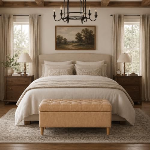 Image of HomePop 40 inch Button Tufted Storage Bench with Cone Wood Legs - Sand Faux Leather