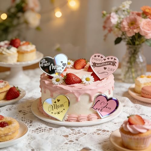 40PCS Happy Mothers Day Cake Toppers, Mirror Acrylic Happy Mother‘s Day Cupcake Toppers 4 Multi-shape & 4 Color Heart Cake Topper Cupcake Picks for Mothers Day Party Birthday Cake Decorations Gifts by JJzxwish - Image 2