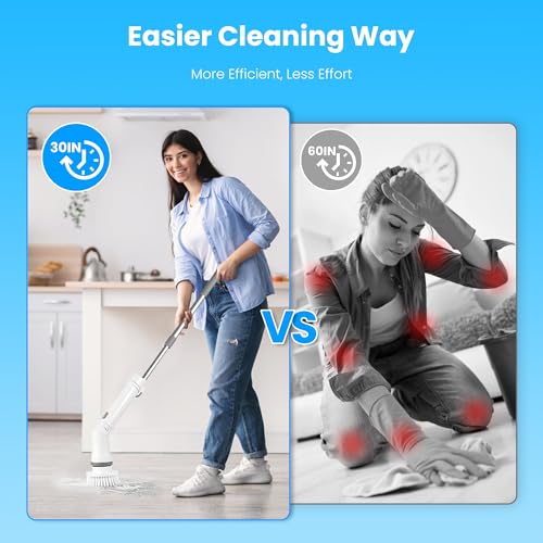 Image of Moclever Electric Spin Scrubber - Cordless, Rechargeable, 400RPM Powerful Cleaning Brush with 6 Replaceable Heads, 2-Speed Adjustment & Extendable Handle for Bathroom, Tile, and Grout