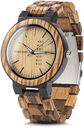 BOBO BIRD Week and Date Multi-Functional Display Men's Zebra Wooden Quartz Watch Lightweight Handmade Casual Wristwatches with Gift Box