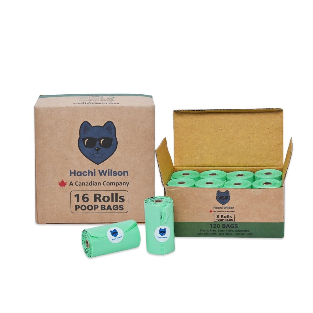 Hachi Wilson Dog Poop Bags-Compostable, 8 Rolls (120 count),100% Leak Proof Poop Bags | Durable | 20-micron thickness I Certified Plant Based Material