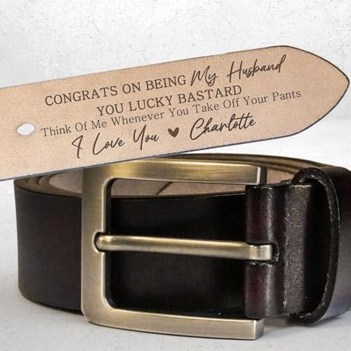Generic Congrats On Being My Husband You Lucky Bastard - Personalized Engraved Leather Belt, 43 inches, Brown / Black2