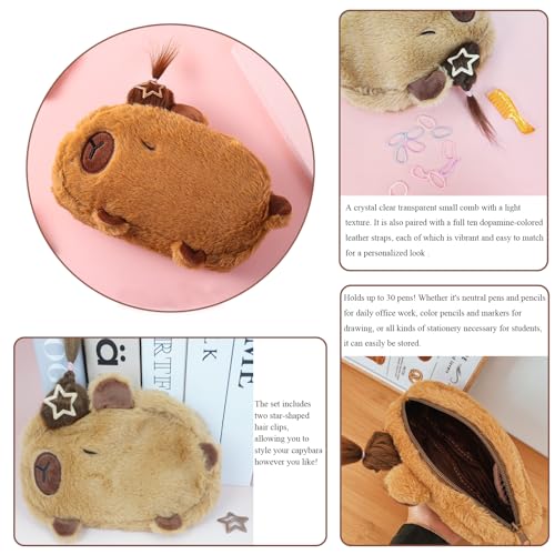 Image of KEYDUACU Cute Water Cavy Pencil Case with Hairstyle Kit, Large Capacity Water Guinea Pig Cute Animal School Supplies Bag with Pencil Set & 10-Color Pen(Brown)