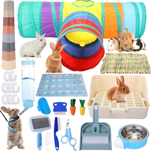 PullCrease 34 Pcs Rabbit Starter Kit Rabbit Litter Box Small Animal Water Bottle Cups Bunny Tunnels Animal Grooming Kit Bowl Blanket with Cleaning Set for Guinea Pig Bunny Accessories(Style 1 Blue)