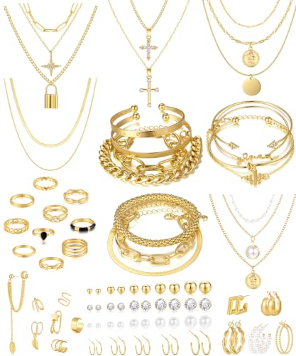 Image of 17 MILE 78 Pieces Gold Jewelry Set for Women, 9 Necklace, 24 Bangle Bracelet, 22 Earrings, 23 Knuckle Rings Gold Plated Jewerly set for Women Gift
