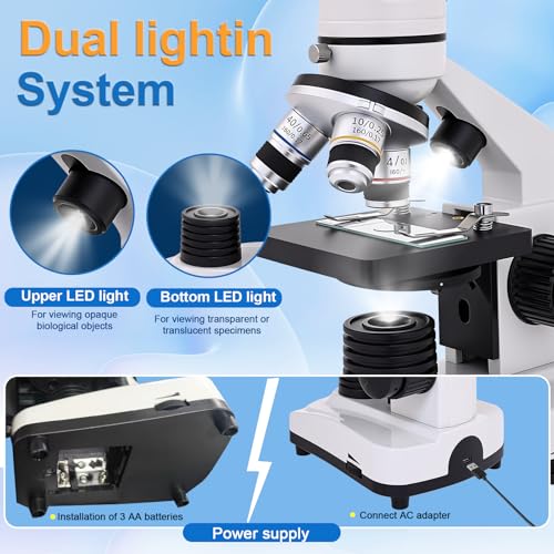 Image of Microscope for Kids & Adults, 40X-2500X High-Power Compound Microscope for Students (Gray White)