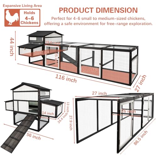 PetsCosset Extra Large Chicken Coop 116\" L Wooden Poultry Cage with Run Hen House Outdoor Indoor Chicken Houses for 4-6 Chickens 4 Nesting Boxes, 4 Perches, Tray, Combinable, Gift for Chicken Lovers - Thumbnail 3