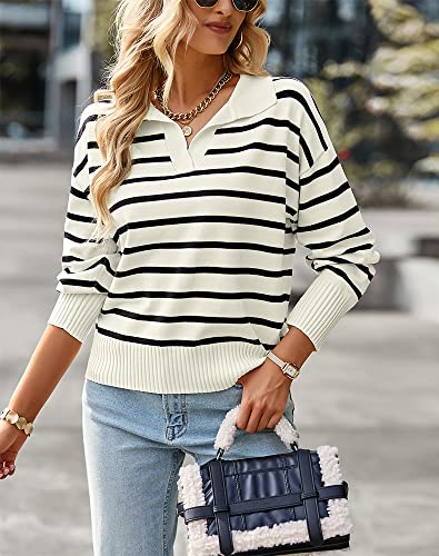 Striped Sweater Women Striped Sweater Casual Color Block Long Sleeve Polo V Neck Knitted Loose Jumper Tops3
