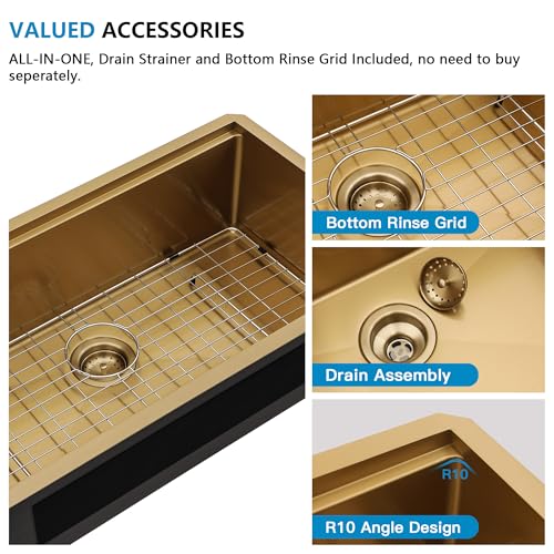 Image of 36 inchx19 inch Undermount Gold Kitchen Sink Workstation - Brushed Gold NANO-PVD, 16 Gauge T304 Stainless Steel, Under Counter Round Corners Single Bowl Sink Basin with Ledge
