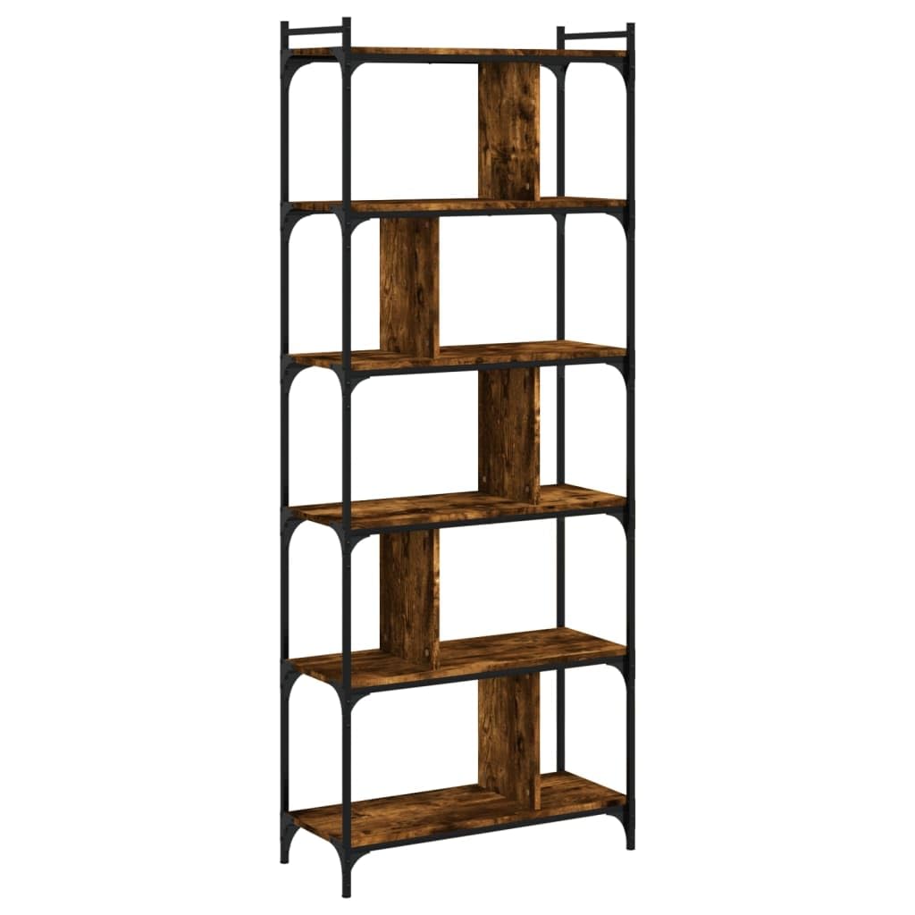 Générique Regał na książki z 6 poziomami wędzonego dębu 76 x 32 x 192 cm z metalową ramą, przestronną półką na książki i regulowanymi nogami do nierównej podłogi