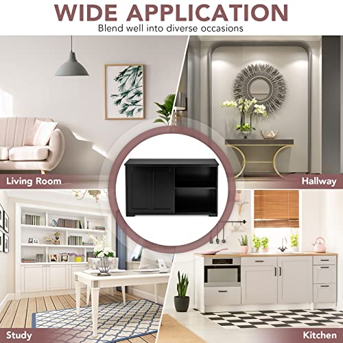 TANGZON Black Wooden Buffet Cabinet - Kitchen Sideboard with Sliding Doors & Adjustable Shelf, Perfect for Living and Dining Areas - Image 8