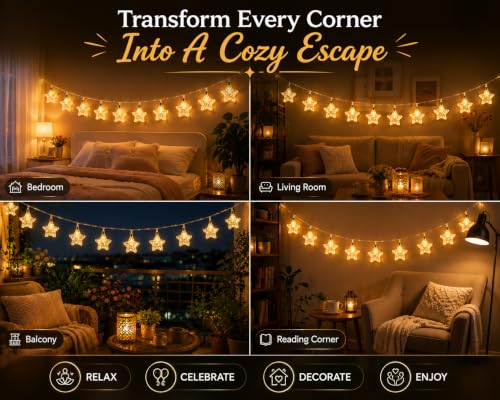 Image of Quace 10 LED Star Confetti String Lights, Plug-in Warm White Decorative Fairy Lights for Bedroom, Balcony, Patio, Christmas, Diwali, Wedding & Home Decoration