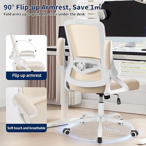 Image of Ergonomic Office Chair, Desk Chair with Adjustable Lumbar Support, Breathable Mesh Comfy Computer Chairs with Flip-up Armrests Executive Task Chair for Adults Home Office (Buff Beige)