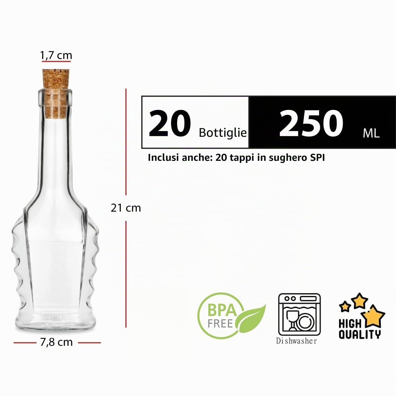 20 Piccole Bottiglie di Vetro Bucaresdt Con Tappo di Sughero SPI 250 ml per Succo, Sciroppo, Liquore da 0,25 Litri