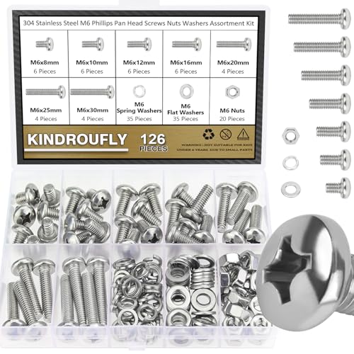 Kindroufly 126 Pieces M6 x 8/10 /12/16 /20/25 /30mm Phillips Pan Head Machine Screws Nuts Washers Assortment Kit, 304 Stainless Steel, Fully Machine Thread